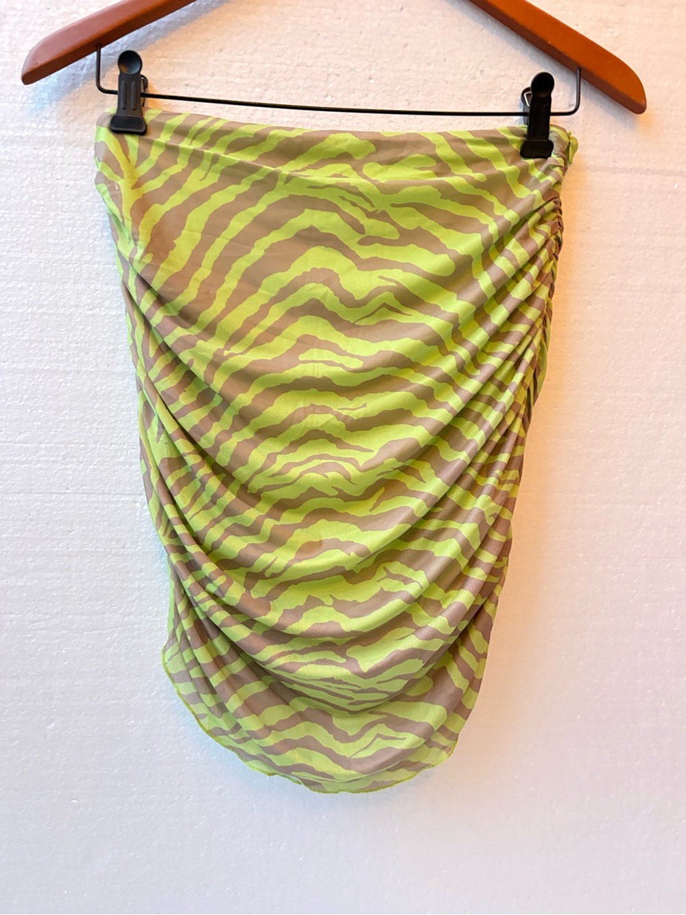 NWT Superdown Zebra Print Ruched Mini Skirt Y2K Mesh Bodycon Green Small